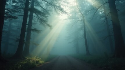 Fototapeta premium Mystical Foggy Forest with Sunrays