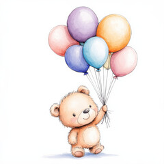 a watercolour illustration of a cute baby bear holding a bunch of colourful balloons, hand painted style, birthday celebrations, pastel colours.