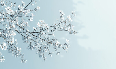 Obraz premium Spring Card with Blooming Almond Tree Branches Closeup on a Blue Background. Generated by artificial intelligence.