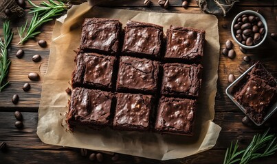 Delicious homemade chocolate brownies with coffee beans and rosemary garnish