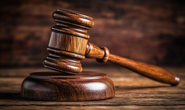 Wooden gavel resting on a sound block symbolizing justice and legal proceedings