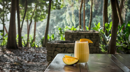 Fototapeta premium A refreshing glass of mango smoothie with fresh mango slices, placed on a table against a lush, natural background, capturing a vibrant summer vibe. 