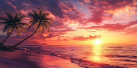Stunning tropical sunset over serene beach with palm trees and vibrant sky colors
