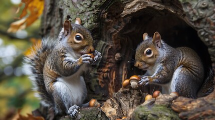Two Squirrels Eating Nuts in Tree Hollow, Autumn Wildlife Scene