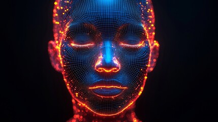 Futuristic digital portrait of a glowing humanoid face with vibrant neon colors against a dark background
