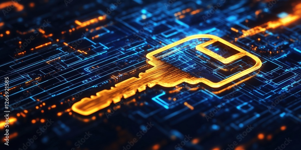 Poster digital key symbol glowing on circuit board background representing cybersecurity and encryption