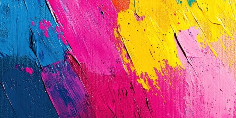 A vibrant abstract painting featuring bold strokes of pink, yellow, and blue, showcasing texture and color interplay.