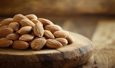 Obraz premium Almonds piled on wooden board showcasing natural texture and color
