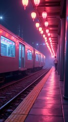 Fototapeta premium Brightly Lit Train Station at Night with Lantern Decorations