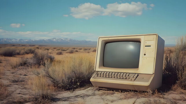 Vintage Computer in Desert Landscape: A Relic of the Past