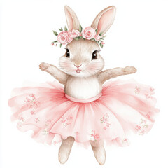Create a hand drawn style watercolor illustration of a sweet, happy bunny in a girly pink ballerina tutu and a floral headband. The fabric of the tutu should have a a floral pink toile de jouy pattern