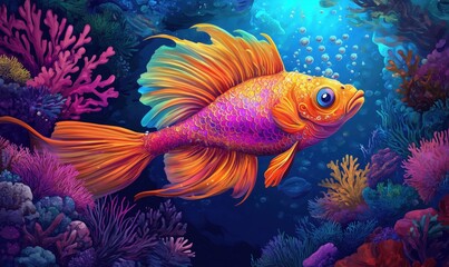 Fototapeta premium Colorful goldfish swimming through vibrant coral reef with bubbles