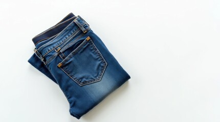 Neatly Folded Denim Jeans on White Background