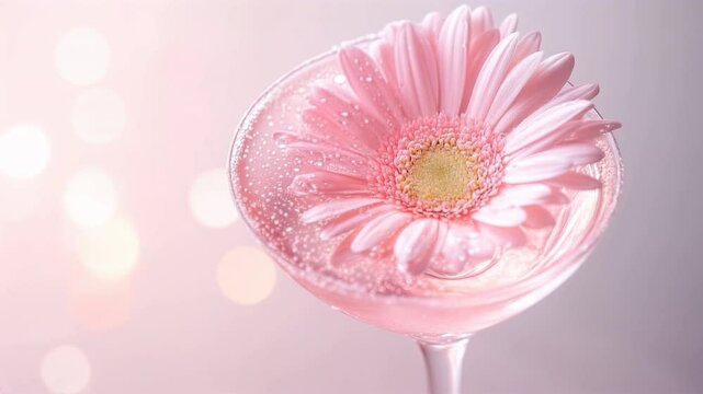 Pink gerbera daisy flower in glass, cocktail, refreshment and beauty concept, floral arrangement, for spa, cosmetic and beauty products, horizontal video