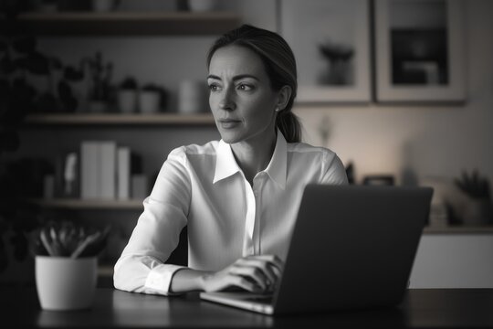 A woman in a white shirt sits at her desk, thoughtfully gazing away from her laptop, late at night.
