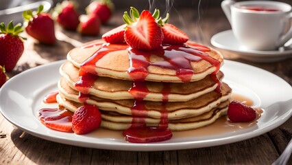 Delicious stack of fluffy pancakes topped with fresh strawberries and strawberry sauce.