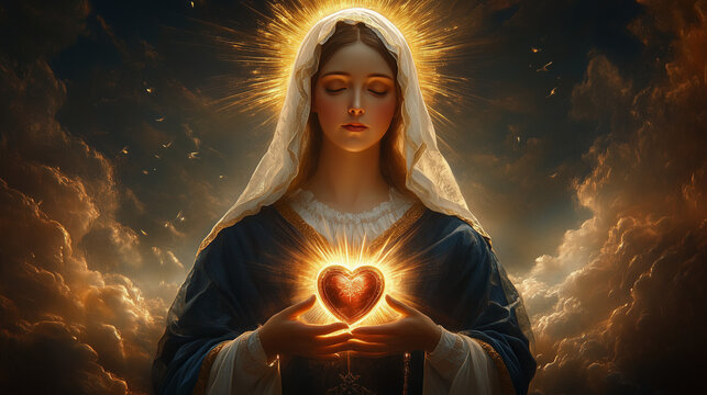 Blessed Virgin Mary Holding a Glowing Sacred Heart Amidst Clouds, Draped in a Dark Blue Robe with a Circle of Golden Light