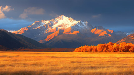 Obraz premium Autumn sunrise over snow-capped mountains and golden field