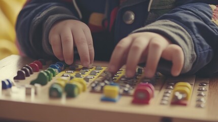 Toddler's hands playing with colorful educational toy.