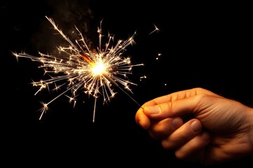 A hand holds a burning sparkler against a transparent background, creating bright, sparkling trails of light.