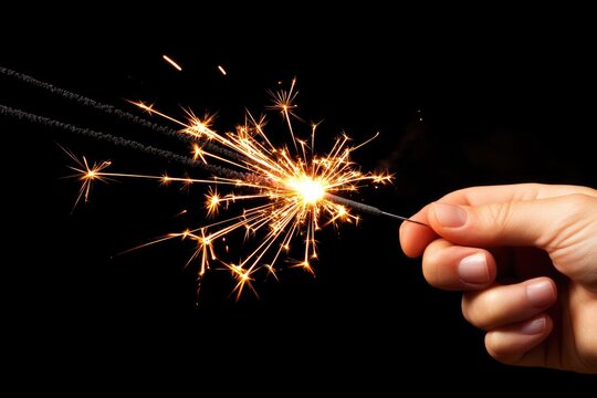 A hand holds a burning sparkler against a transparent background, creating bright, fiery sparks.