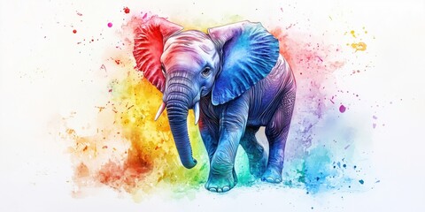 Colorful watercolor elephant illustration with vibrant splashes and artistic flair