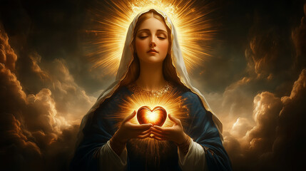 Blessed Virgin Mary Holding a Glowing Sacred Heart Amidst Clouds, Draped in a Dark Blue Robe with a Circle of Golden Light