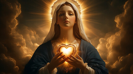 Blessed Virgin Mary Holding a Glowing Sacred Heart Amidst Clouds, Draped in a Dark Blue Robe with a Circle of Golden Light
