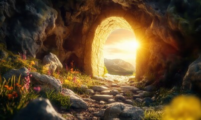Enchanting stone archway leading to a sunlit landscape with vibrant flowers