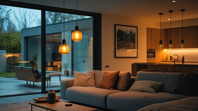 Cozy living room interior at night. View of garden with furniture through glass doors