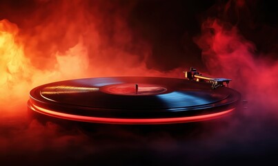 Obraz premium Vinyl record player illuminated by fiery smoke and dramatic lighting effects