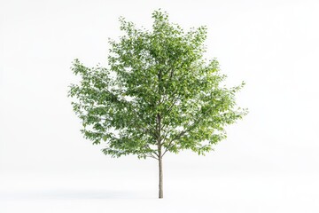Obraz premium A young, slender tree with lush green foliage stands isolated against a stark white backdrop.