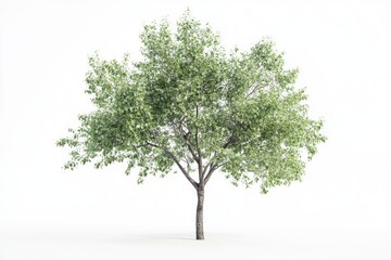 Obraz premium A single, young tree with lush green leaves stands isolated against a bright white background.