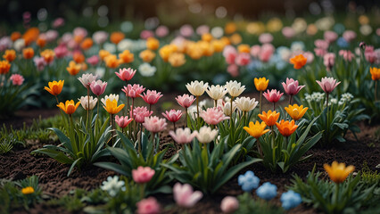 Obraz premium garden with tulips. tulip field in spring. field of tulips. colorful flowers background. summer background. spring background