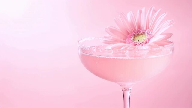 Pink gerbera daisy flower in glass, cocktail, refreshment and beauty concept, floral arrangement, for spa, cosmetic and beauty products, horizontal video