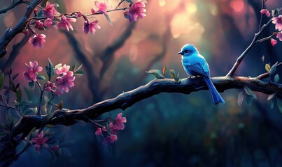Obraz premium Blue bird perched on branch surrounded by blooming pink flowers in serene forest setting