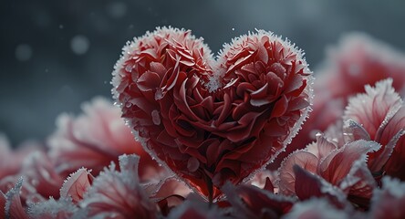 A heart-shaped flower composed of delicate frozen petals, softly fragmenting in a peaceful field landscape.   
