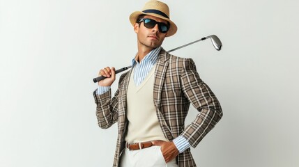A fashionable man dressed in classic golf attire admires his golf club with elegance and poise on white background	