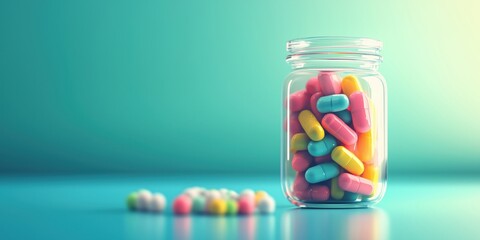 Colorful capsules in glass jar with scattered pills on blue background