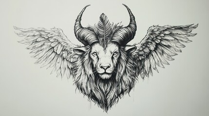 Obraz premium Winged Lion-Ram Creature Artwork, Fantasy Portrait, Art Piece, Tattoo Design