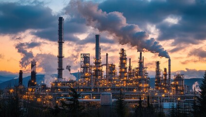 Fototapeta premium Industrial Complex at Dusk: Refining Processes and Environmental Impact Assessment