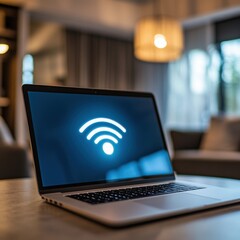 Laptop Displaying Wifi Signal in Modern Living Room