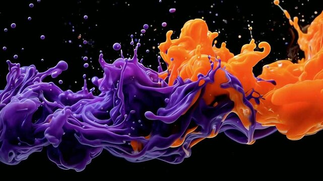 Purple and Orange Ink Collision on Black Backdrop, Abstract Art