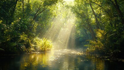 Obraz premium Serene Sunlight Filtering Through Lush Green Rainforest Trees