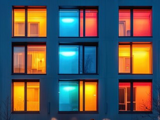 Vibrant Colorful Windows in Urban Building at Night