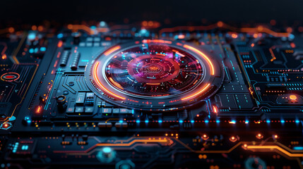 Fototapeta premium Cybernetic Core: Close-up view of a futuristic circuit board with a glowing central core, vibrant neon lights illuminate the intricate details.