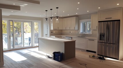 A renovation ad showing a sleek, modern kitchen installation in progress. digital