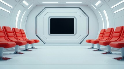 Bright Modern White Room Featuring Stylish Red Chairs and a Large Television Create an Inviting and Comfortable Atmosphere