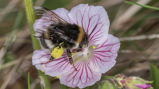 Bee and flower. Honey bee on a flower collecting pollen - Powered by Adobe