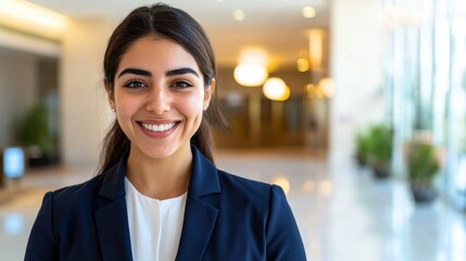 Confident Businesswoman in Professional Suit Smiling Radiantly at Camera Exuding Positivity and Approachability